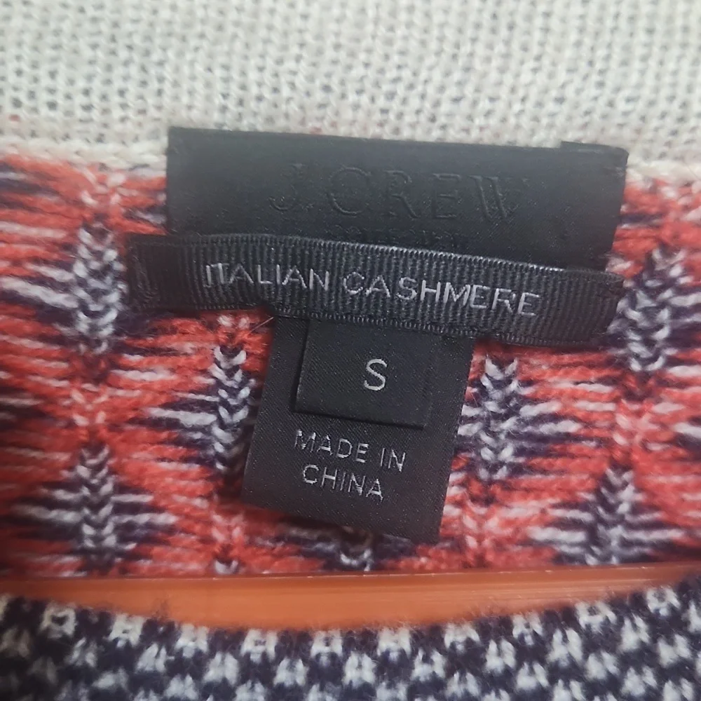 J. Crew Italian Cashmere Red And Navy Pattern Sweater Size Small